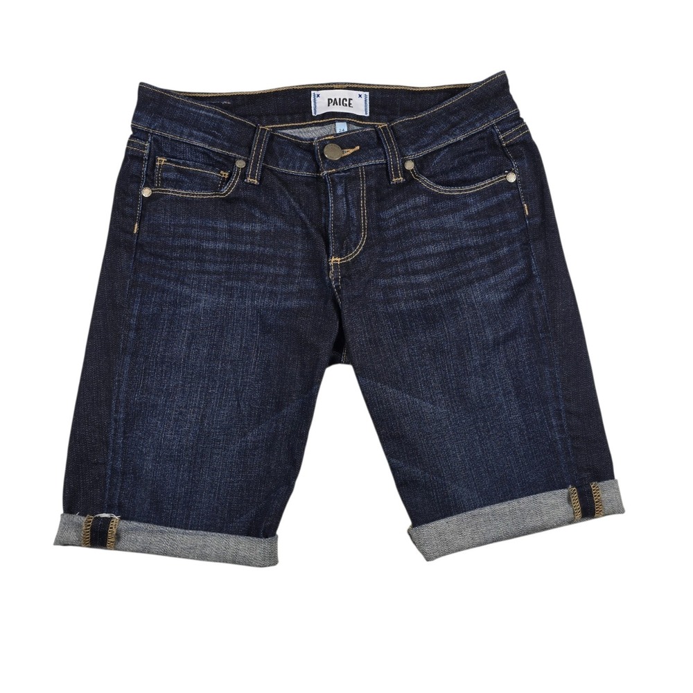 PAIGE Jax Knee Dark Wash Bermuda Cuffed Mid Rise Stretch Denim Shorts- Size 24